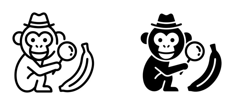 Monkey with magnifying glass and banana, detective illustration