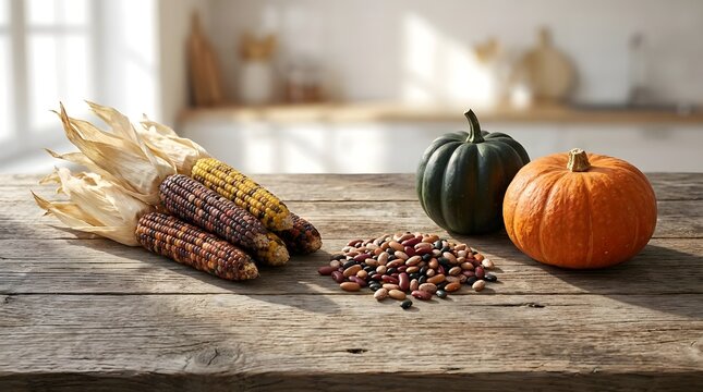 Three Sisters Corn Beans and Squash Arranged on Rustic Wood