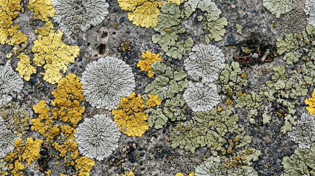 Yellow grey and green lichen mosaic on weathered ancient stone wall, macro texture