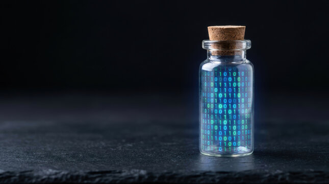 Glass bottle with binary code and cork symbolizes protection and innovation through digital discoveries against dark background