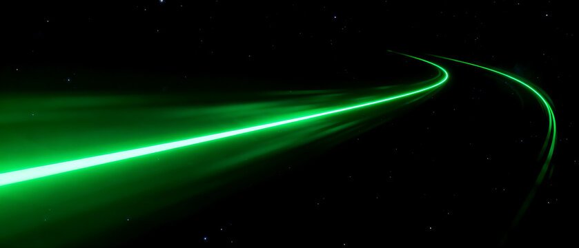 Bright Green Laser Beam Curving Through Dark Empty Space