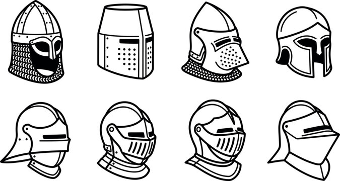 Set of medieval knight helmets, historical armor collection, warrior headgear icons, vector illustration