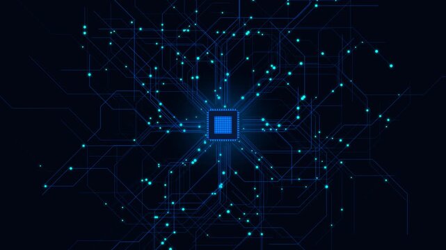 Abstract futuristic blue circuit board animation with glowing central processor and data packets flowing smoothly