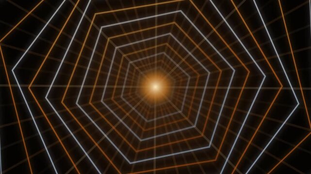 Futuristic geometric pentagon tunnel animation with glowing orange light beam spinning digital network grid seamless motion graphic background loop for sci-fi cyberpunk technology project