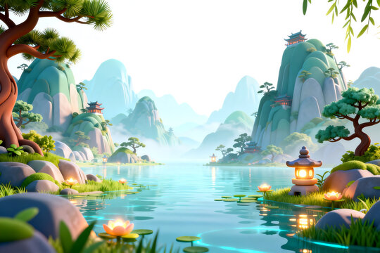 Stylized Ancient Chinese Landscape with Lake and Pagodas