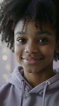 Vertical video: Smiling teen posing for camera, shifting eyes at home in lilac hoodie with lights