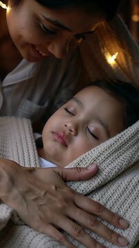 Vertical video: Bedtime mom in light pajama top tucking child into cream knit blanket for comfort