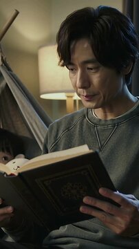 Vertical video: Sitting father opening book in tent for bedtime, child in pajamas clutching teddy