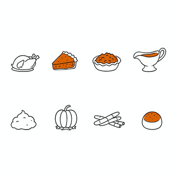 Hand drawn doodle icon set of Thanksgiving dinner foods