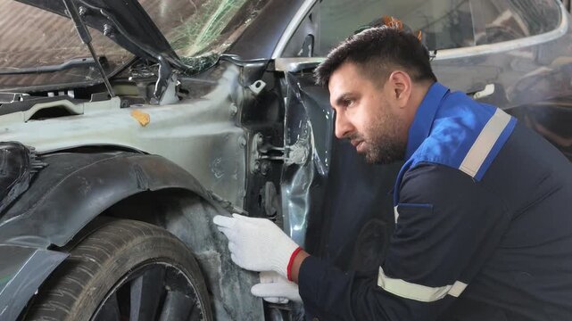 Auto mechanic inspecting a damaged car fender after an accident in a repair garage.
