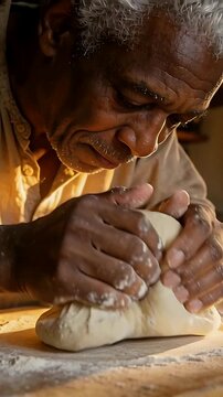Vertical video: Leaning in senior in shirt pressing shaping dough on floured counter to expel air