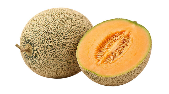 Whole cantaloupe melon and a sliced half showing orange flesh and seeds isolated on black background