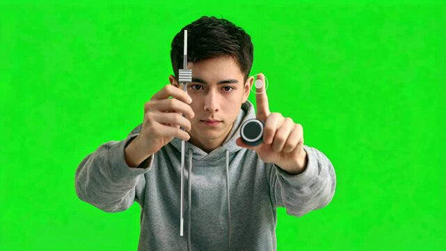 Invisible interaction with futuristic ui by young man gray hoodie using hand gestures and holding pendulum stopwatch green
