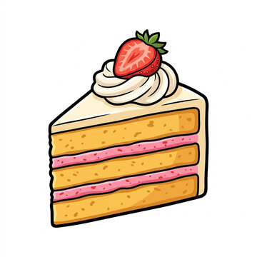 Cartoon sticker illustration of a strawberry layered cake slice isolated on white