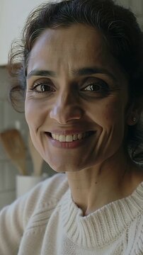 Vertical video: Glancing upward, woman turning, smiling in kitchen in cream sweater, utensils