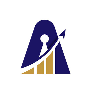 Letter A financial growth logo design with arrow and bar chart icon template
