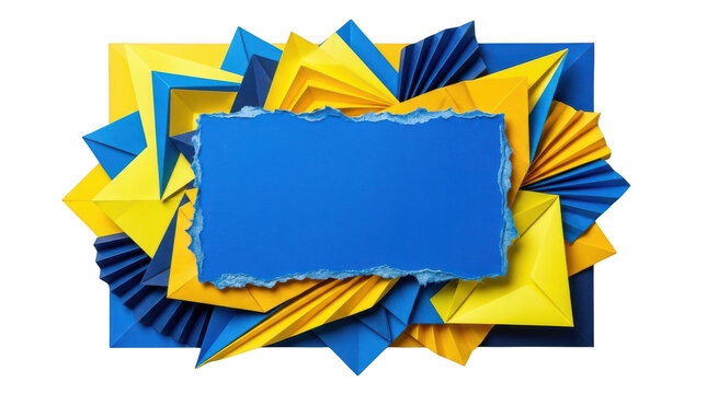 Blue torn paper on abstract yellow and blue origami background isolated on transparent background
