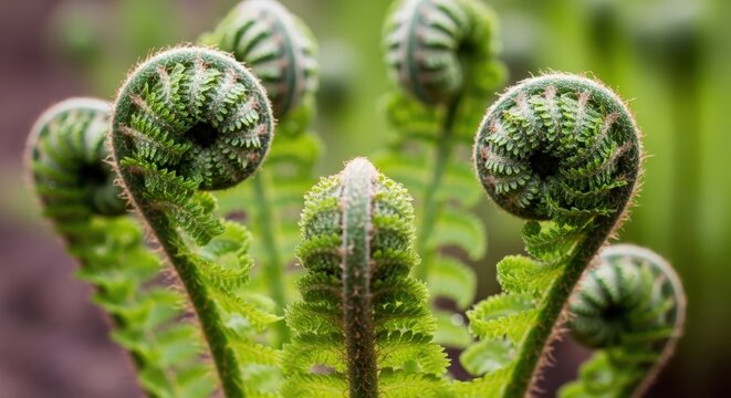 Fresh green fern fiddleheads unfurling in spring forest growth close