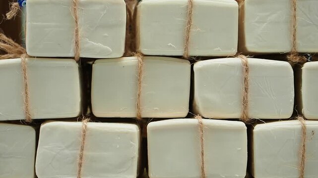 Stacks of soap blocks neatly arranged for sale at a bustling market