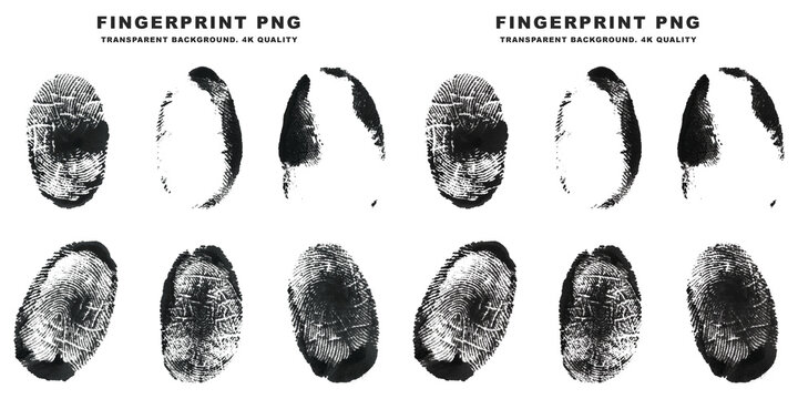 Black ink fingerprint set isolated on transparent background for