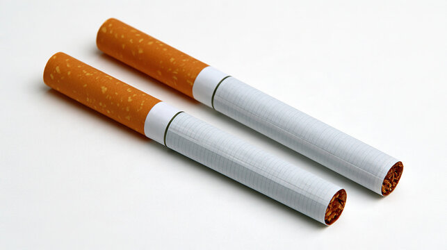 Cigarette tobacco smoking filter paper white orange closeup pair object addiction nicotine rolled habit health harm poison ash burn smoke vice isolated studio minimal macro cylindrical thin