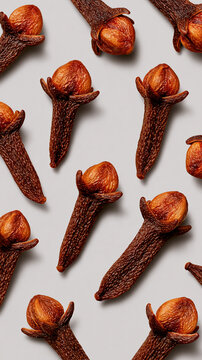 Clove spice flat lay on light background with repeating pattern and warm brown texture for cooking and aroma