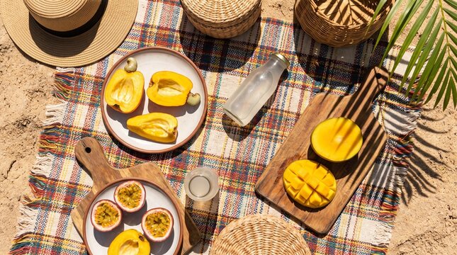 Tropical fruit beach picnic with mango passion fruit and cashew fruit on plaid blanket