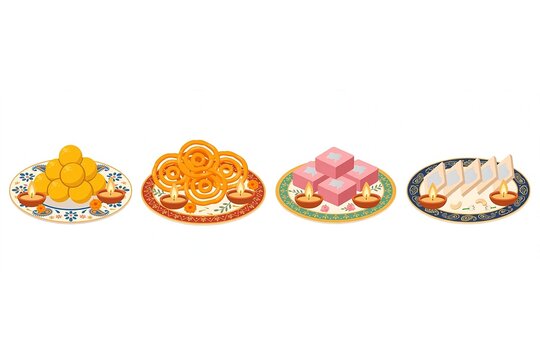 Diwali sweets mithai set ladoo jalebi barfi kaju katli flat illustration isolated on white