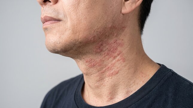 Close-up of adult man neck showing clustered red herpes zoster shingles blisters and skin rash on gray background