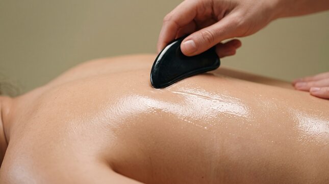 Close-up of therapist hand performing back massage with black stone gua sha scraping tool on oiled skin in wellness spa