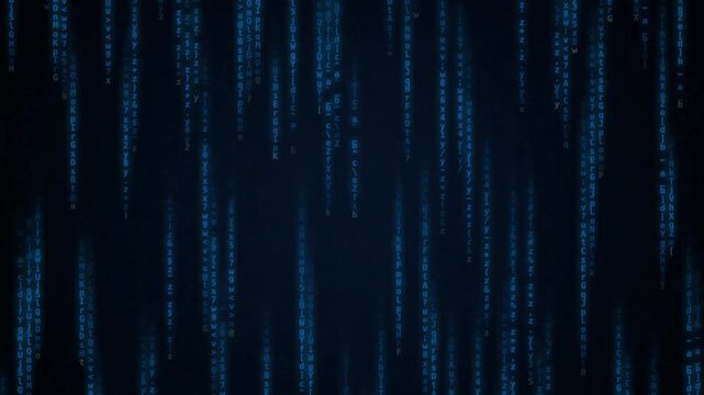 Abstract blue digital matrix rain falling down on dark background for