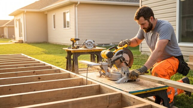 Carpenter using miter saw on wooden deck frame construction.