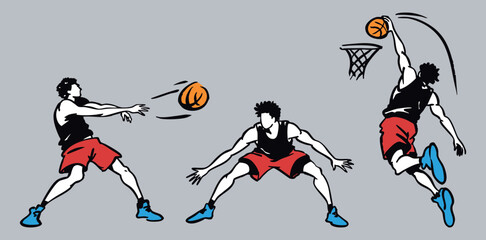 Basketball Players Vector Set with Passing, Dribbling and Slam Dunk Action Poses © Levin