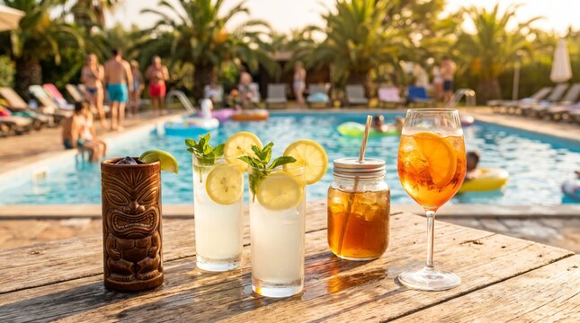 Tropical cocktails on wooden table by swimming pool resort.