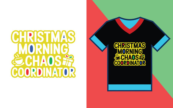 Christmas morning chaos coordinator text with coffee cup and gift on a black t-shirt mockup
