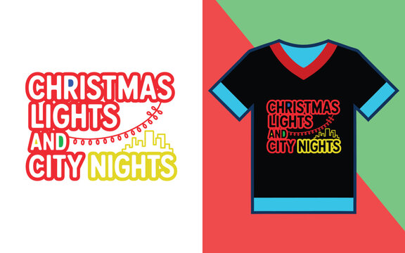 Christmas lights and city nights text with string lights and matching black v-neck t-shirt mockup