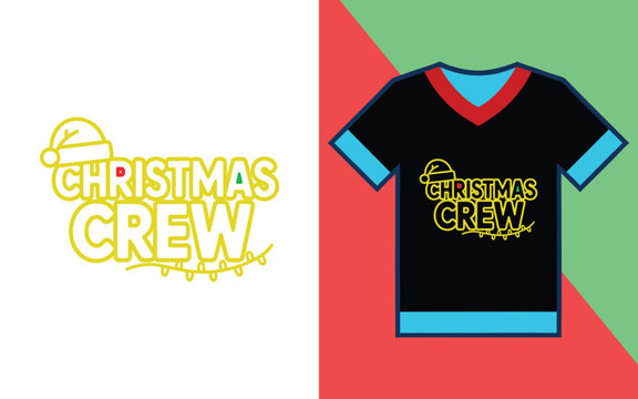 Christmas crew holiday typography with santa hat and string lights for festive apparel and clothing