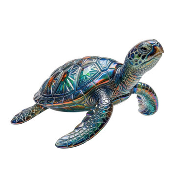 Colorful mosaic sea turtle illustration with artistic detailed patterns isolated on white background