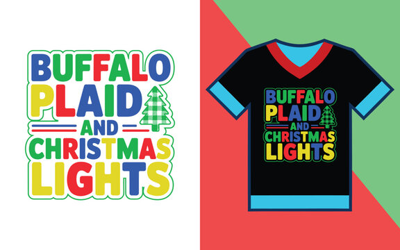 Buffalo plaid and christmas lights text with tree on a black t-shirt mockup for winter