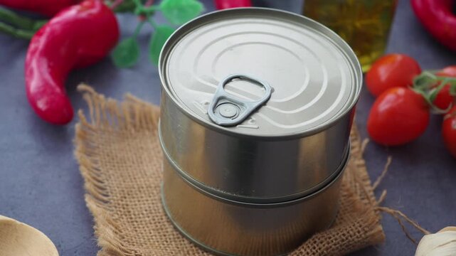 Canned food preparation with fresh tomatoes and garlic on a kitchen table