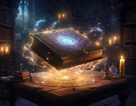 Mystical Ancient Spellbook Levitating Over a Magic Circle with Glowing Blue Energy and Sparkling Embers in a Dark Vintage Library Setting