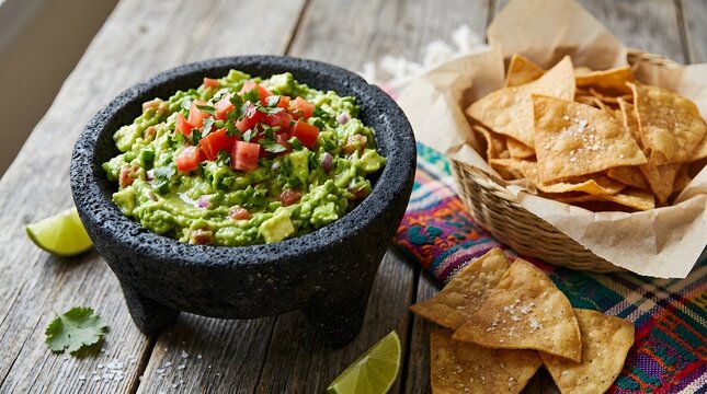 Fresh guacamole with diced tomatoes and cilantro served with tortilla chips