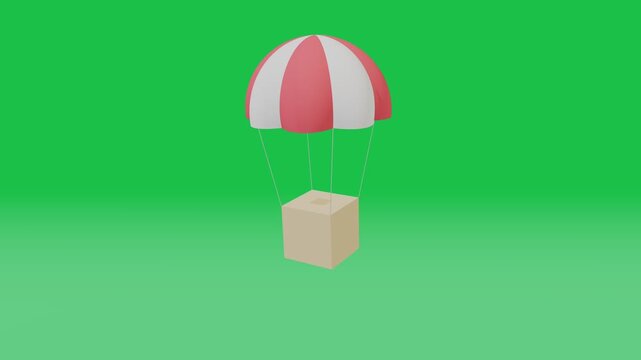 A 3D cardboard box falling with a red parachute