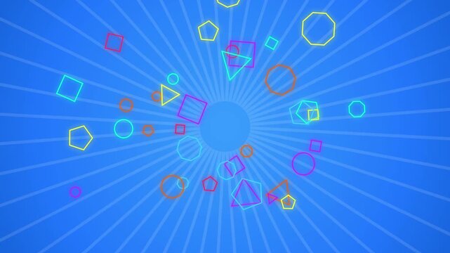 Vibrant motion graphics animation showing colorful outline geometric shapes including triangles squares circles and polygons floating over an energetic bright blue radial sunburst rays background