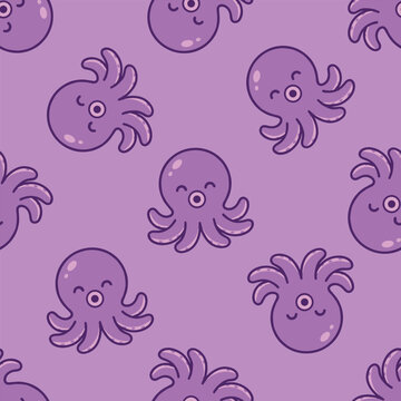Seamless pattern of purple cartoon octopuses. Purple octopus pattern for children's apparel and wallpaper