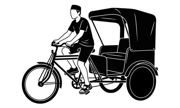 Man riding a traditional bicycle rickshaw silhouette