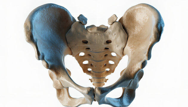 Human Pelvis and Sacrum Anatomy &ndash; Detailed Anterior View of the Hip Bones and Lower Spine
