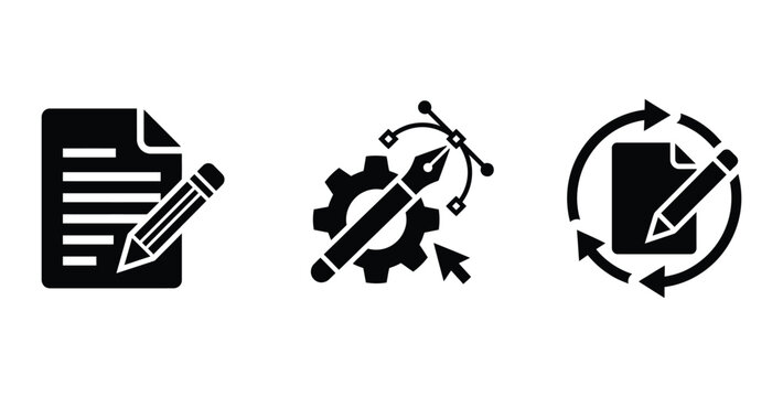 document editing process with pen pencil gear and circular arrows on transparent background