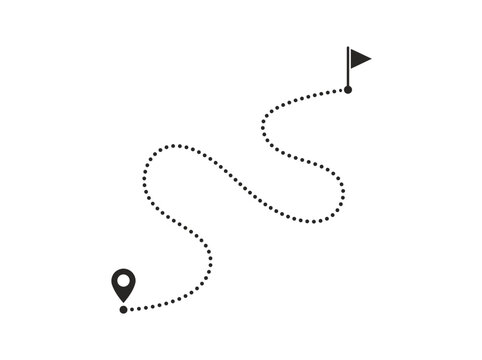 Minimalist route path icon with start location pin and finish flag marker for navigation and travel design projects