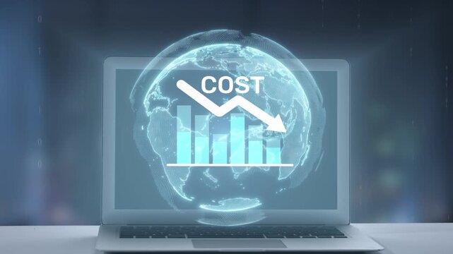 A modern laptop displaying a digital cost analysis graph against a global backdrop, representing economic trends and data visualization, ideal for business and finance projects. Salient